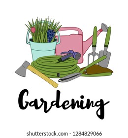 Vector hand drawn gardening banners with tools, plants, flowers, cutter, watering can, shovel, rake and lettering phrase. Conceptual of Gardening