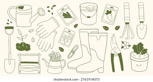 Vector hand drawn gardening doodle clipart set. Watering can, glove, shovel, seed packets, bucket, rubber boot, pruning shear. Minimal outline illustration collection. Agriculture, farm cliparts.