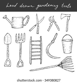 Vector hand drawn gardening, farming tools. Cute vector doodles.