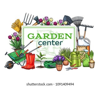 Vector hand drawn gardening poster with tools, flowers, rubber boots, seedling, tulips, gardening can and cutter. Fertilizer, glove, crocus, insecticide and etc. for design garden center. Sketch style