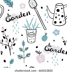 Vector hand drawn gardening seamless pattern. Different doodle elements for garden work. Sketch style texture with tools, plants, vegetables, fruits and watering can. Spring or summer time background