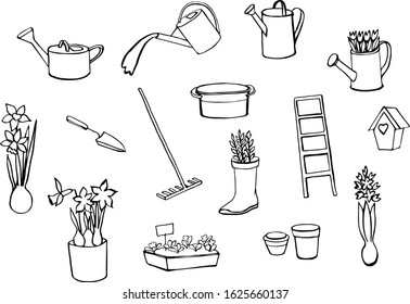 Vector hand drawn gardening set isolated on white background. Elements of gardening equipment and tools. Line drawings of watering can, birdhouse, boots, flower in pot, stairs, rake, narcissus.