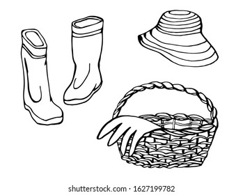 Vector hand drawn gardening set isolated on white background. Elements for design, packaging, fabric. Glove in cart, boots, hat.
