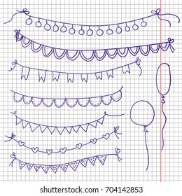 vector hand drawn garlands and balloon on copybook page