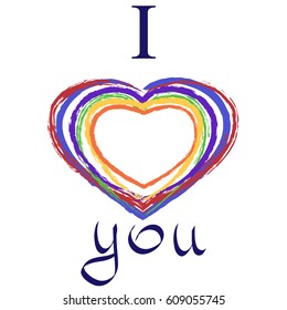 Vector hand drawn gay postcard template. I love you hand written signature with rainbow and hearts. Homosexual love concept.