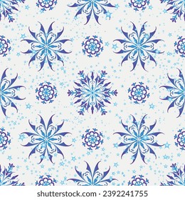 Patrón de la Navidad geométrica dibujada a mano con vectores con copos de nieve gradiente y estrellas con fondo blanco