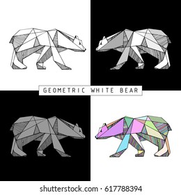Vector hand drawn geometric polar bear. Bear stylized  polygonal model. Different color combinations. Linear image. Origami. Low poly-illustration