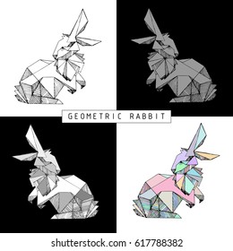 Vector hand drawn geometric rabbit. Rabbit stylized  polygonal model. Different color combinations. Linear image. Origami. Low poly-illustration