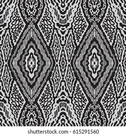 Vector hand drawn geometrical abstract seamless Ikat pattern from decorative ethnic ornament, Black and white background. Batik, wallpaper, wrapping paper, page fill, textile print, cotton ornament