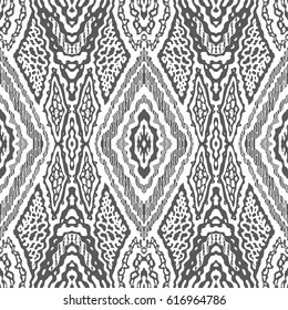 Patrón de ikat sin fisuras geométrico abstracto a mano del vector a partir de ornamento étnico decorativo, fondo negro y blanco. Batik, papel pintado, papel de embalaje, relleno de página, impresiones textiles, adorno de algodón