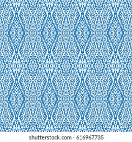 Vector hand drawn geometrical abstract seamless Ikat pattern from decorative ethnic ornament. Blue  tribal elements on a white background. Batik, wallpaper, wrapping, page fill, cotton textile print
