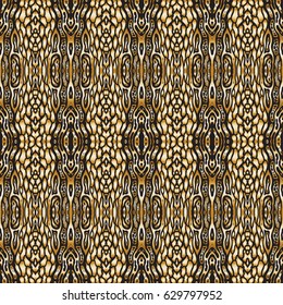 Vector hand drawn geometrical abstract seamless pattern from decorative ethnic ornament elements with golden metallic texture on a black background.Batik, wallpaper, wrapping paper, page fill, textile
