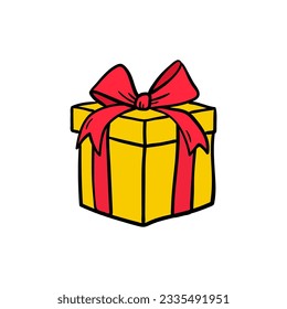 Vector hand drawn gift box with bow icon. Present wrapped with red ribbon in doodle style.