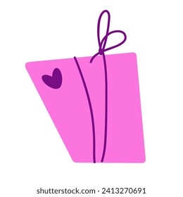 Vector hand drawn gift box with violet bow and heart by Valentine day. Illustration in flat style. For greeting card, logo, sale, product