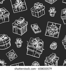 Vector hand drawn gift box seamless pattern. Sketch christmas gifts black background for present design