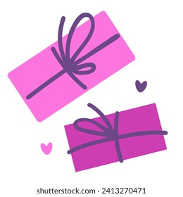 Vector hand drawn gifts box with violet bow and heart by Valentine day. Illustration in flat style. For greeting card, logo, sale, product