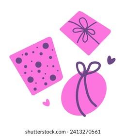 Vektor handgezeichnete Geschenkbox mit violetter Schleife und Herz nach Valentinstag. Illustration im flachen Stil. Grußkarte, Logo, Verkauf, Produkt