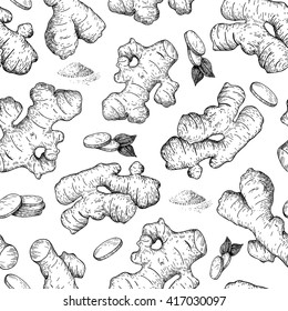 Vector hand drawn Ginger seamless pattern. Ginger root and cuted pieces. Engraved style illustration. Herbal spice. Detox food ingredient.