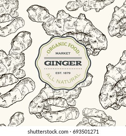 Vector hand drawn Ginger seamless pattern. Ginger root. Engraved style illustration. Detox food ingredient.