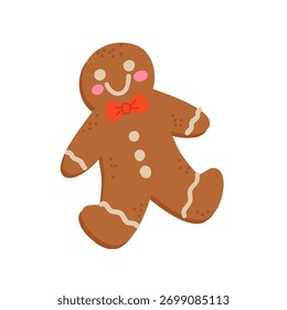 Vector hand drawn gingerbread man in cartoon style, isolated on white background. Christmas cookie sticker
