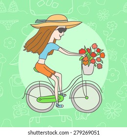 vector hand drawn girl on the bike. summer seamless pattern background