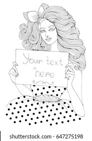 Vector hand drawn girl in pin-up style with long wavy hair holding empty blank board.
Your text here, paper poster white background. Patterned page A4 size for coloring books pop art comic retro style