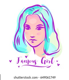 Vector hand drawn girl poster or card. Cute vintage Vector stock illustrations. cute background with hearts and lettering. Template for design.