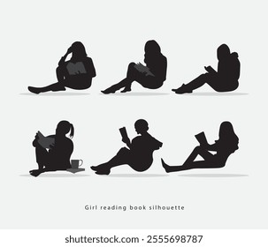 Vector hand drawn girl reading book silhouette illustration