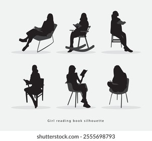 vector hand drawn a girl reading a book sitting in a chair silhouette