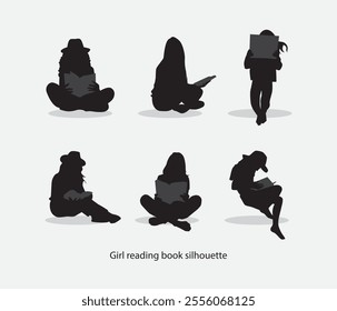 Vector hand drawn girl reading book silhouette illustration
