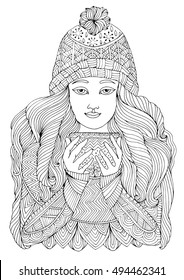 Vector hand drawn girl in a warm sweater and knit hat holding a cup of tea. Coloring book for adults autumn winter season. Pattern coloring page A4 size.
