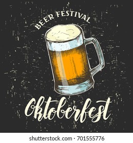 Vector Hand drawn Glass of beer. Hand made trendy lettering -"Oktoberfest". Beer festival.  Poster, flyer, brochure, web. Advertising. Vintage banner on black