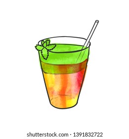 Vector Hand Drawn Glass with Smoothie and Mint Leaf, Watercolor Painting Illustration Isolated on White Background, Two-layer Cocktail Sketch.