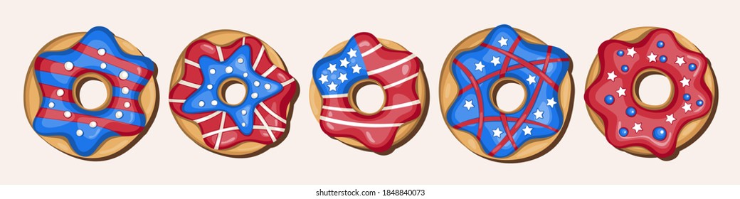 Vector hand drawn glazed donuts. National colors of the United States. American flag,stars and stripes. Use for celebration of independence day, party decoration, surface texture.