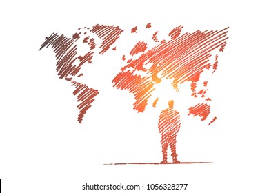 Vector hand drawn global business concept sketch. Business man standing backwards in front of big world map on wall.