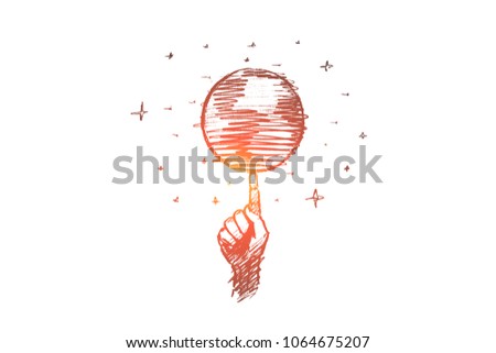 Vector hand drawn globalisation concept sketch. Planet earth spinning around on one human finger.