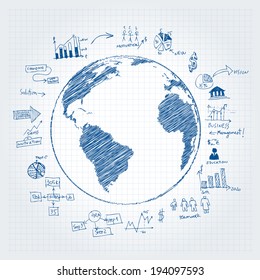 Vector hand drawn globe and business icons.