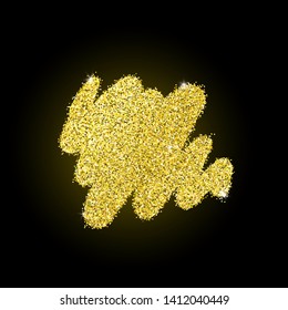 Vector hand drawn gold glittering brush stroke. Shiny color gold design element with glitter effect on black background. Gold sparkles for greeting card, exclusive, certificate, gift, luxury, present.