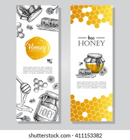 handgezeichnete goldene Honigbanner mit Vektorgrafik. Detaillierte gravierte Illustrationen.Grafische Honigwabenbäume, Bienen, Hülsen, Blumen. Großartiges Banner, Plakat, Flyer für Geschäftswerbung.