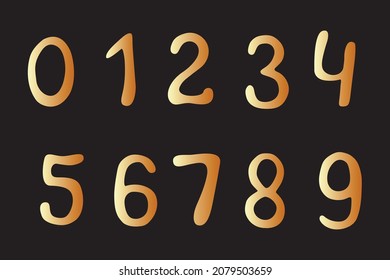 Vector hand drawn gold numbers from zero to nine in doodle flat style. Maths symbols, signs