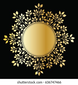 Vector hand drawn gold round frame in wreath shape with twigs and leaves. Gold vintage card  on black background