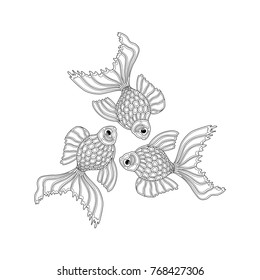 Vector hand drawn goldfishes floating in a circle. Line art design goldfish