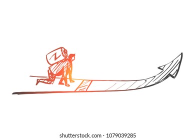 Vector hand drawn good start concept sketch with man sitting and ready to run with battery on his back