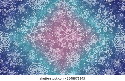 Vector hand drawn gradient seamless winter pattern with snowflakes and stars 