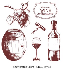 Vector hand drawn grape wine collection of elements. Ink drawn illustration in realistic style for print, wrapping, banner, menu, wine card and other food design.