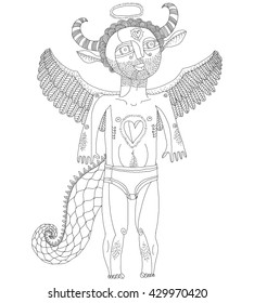 Vector hand drawn graphic black and white illustration of bizarre creature, cartoon nude man with wings, animal side of human being. Saint idol artistic allegory drawing. 
