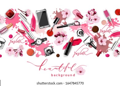 Vector hand drawn graphic fashion sketch Cosmetics   with cherry blossoms. Isolated elements.Cosmetics, lipstick, nail Polish, lipstick smears.The view from the top.Template Vector.