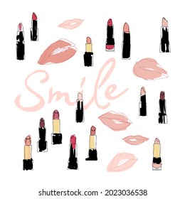 Vector hand drawn graphic fashion sketch lipstick. Trend colored glamour fashion illustration in vogue style. Isolated elements on white background. Vector illustration