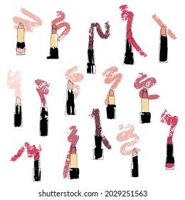 Vector hand drawn graphic fashion sketch lipstick. Trend colored glamour fashion illustration in vogue style. Isolated elements on white background. Vector illustration