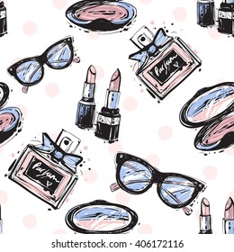 Vector hand drawn graphic fashion sketch lipstick, makeup powder, french perfume, vintage glasses. Trend colored glamour fashion seamless pattern in vogue style. Isolated elements on white background